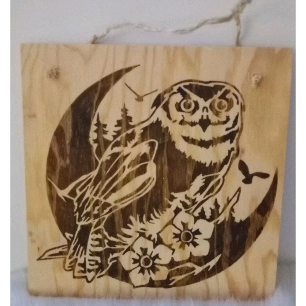 Handmade Owl & Moon Home Decor Wood Burnished 12" X 12" Wall Hanging Man Cave